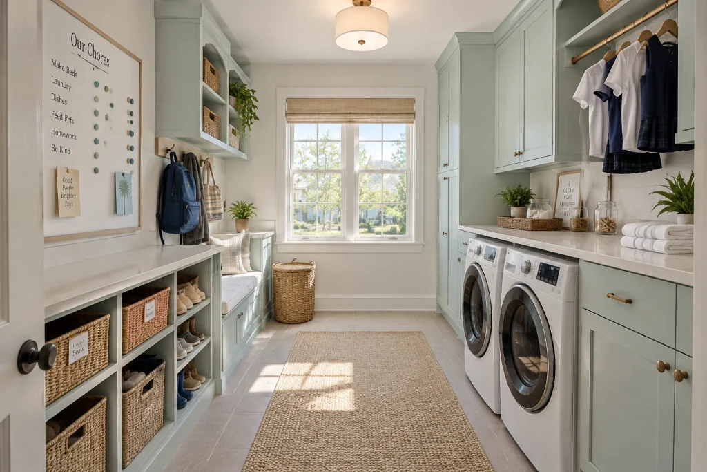 Bright family-friendly laundry with kids' lower storage, Casual coastal Laundry room with family drop zone interior