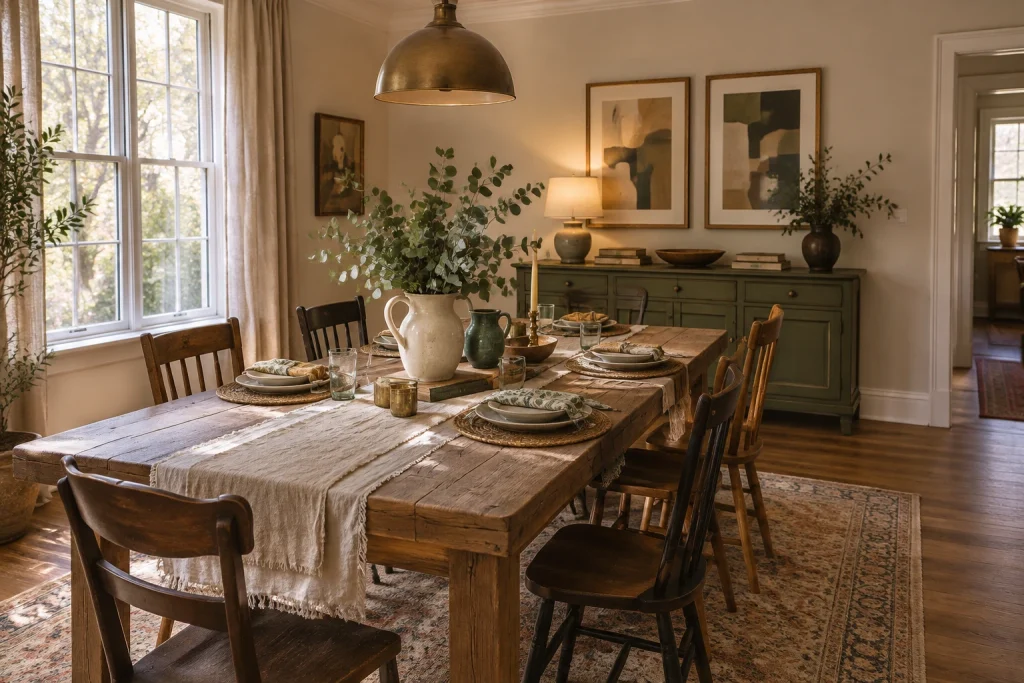 Reclaimed farmhouse table with layered linens and mixed chairs, Rustic Eclectic Formal dining room with sideboard interior