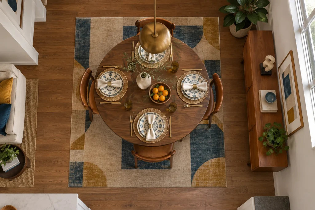 Mid-century round table with geometric textiles and sculptural centerpiece (top-down), Mid-century Modern Eclectic Dining alcove in open-plan living area interior