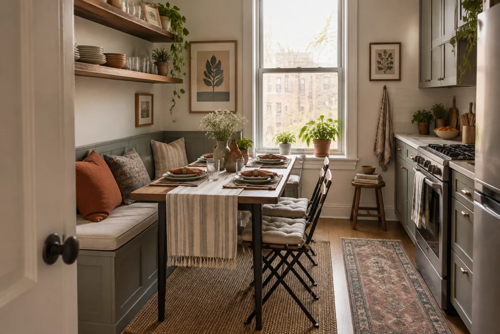 Renter-friendly narrow kitchen nook with removable textiles and folding chairs, Casual Eclectic / Budget-friendly Small apartment kitchen dining nook interior