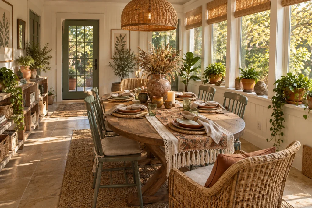 Bohemian sunroom tablescape with layered textures and dried botanical centerpiece, Boho Eclectic Sunroom / enclosed porch dining area interior
