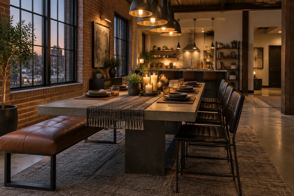 Industrial loft table with concrete top, leather bench, metal accents and candlelight, Industrial Eclectic Open-plan loft dining adjacent to kitchen interior