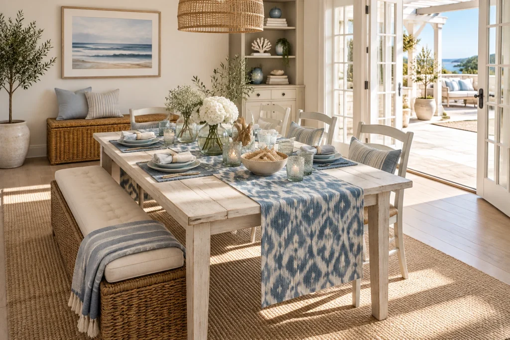 Coastal eclectic layered blues with glass and shell centerpiece, Coastal Eclectic Bright dining space opening to patio interior