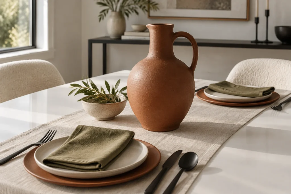 Minimal table with a single bold ceramic centerpiece and eclectic place settings (close-up), Minimal Modern with Eclectic Accents Contemporary dining area interior
