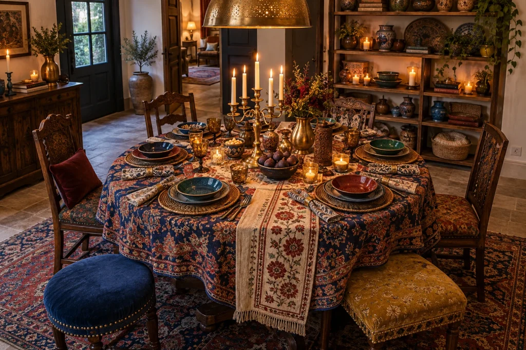 Maximalist global mix with layered printed textiles and brass candelabra (overhead), Global Eclectic / Maximalist Casual dining in converted carriage house interior