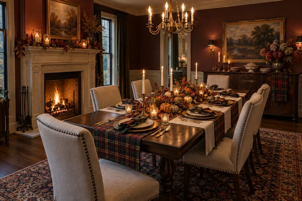 Autumnal holiday tablescape in a formal dining room with layered textiles and natural elements, Traditional Eclectic / Seasonal Formal dining room with fireplace and buffet interior