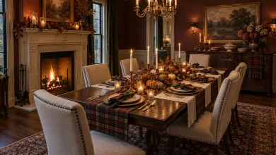 Autumnal holiday tablescape in a formal dining room with layered textiles and natural elements, Traditional Eclectic / Seasonal Formal dining room with fireplace and buffet interior