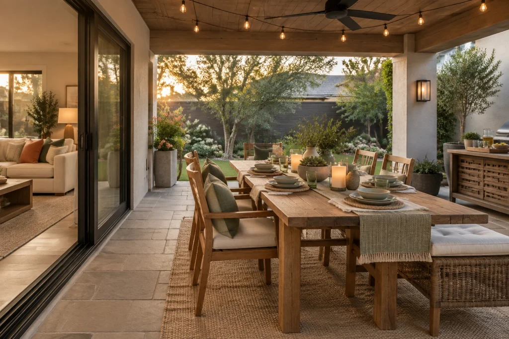 Covered outdoor patio tablescape with mixed materials and indoor-outdoor flow, Outdoor Eclectic / Transitional Covered patio dining adjacent to interior living room interior