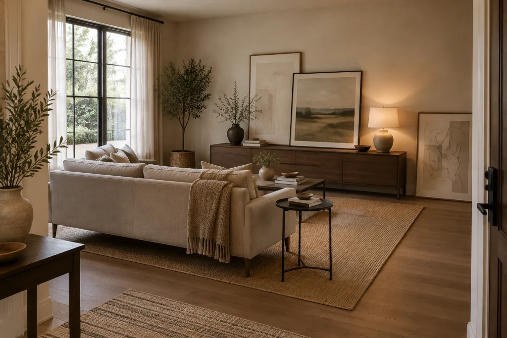 Leaning Oversized Art and Low Console, Modern organic Living room with entry alcove interior