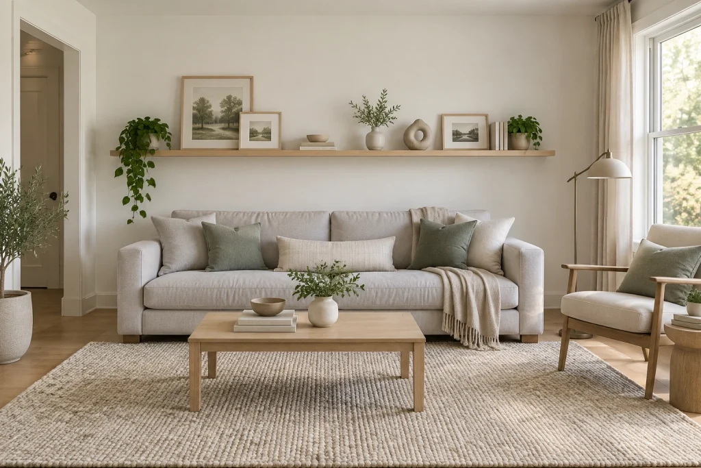 Continuous Floating Ledge with Curated Objects, Scandinavian minimal Standard living room wall above sofa interior