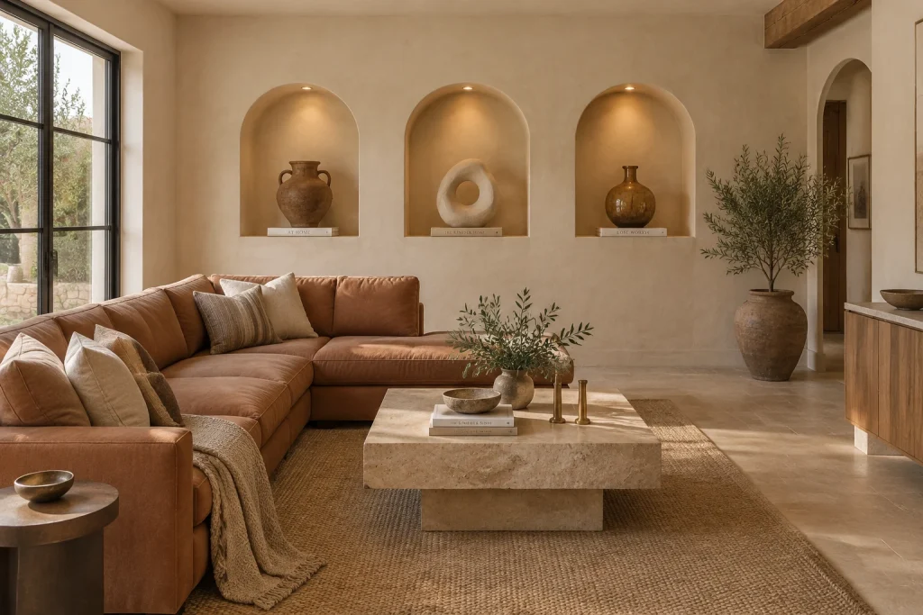 Recessed Alcove Niches with Recessed Lighting, Contemporary Mediterranean Living room with feature niche wall interior