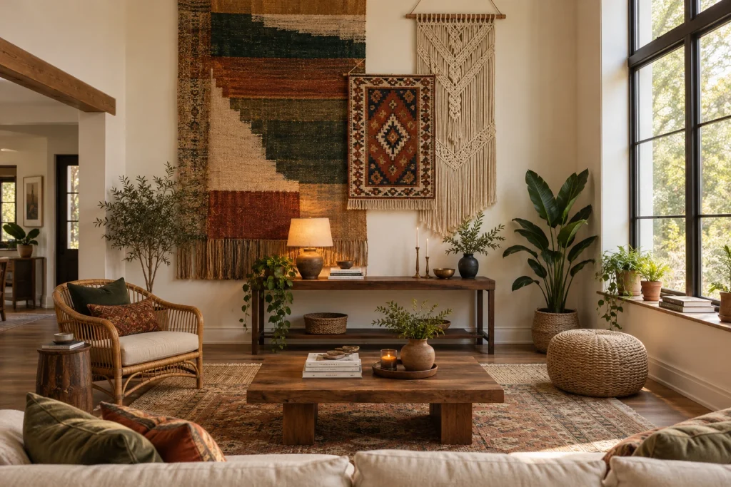 Layered Textile Hangings as Art, Bohemian modern Living room with tall wall interior