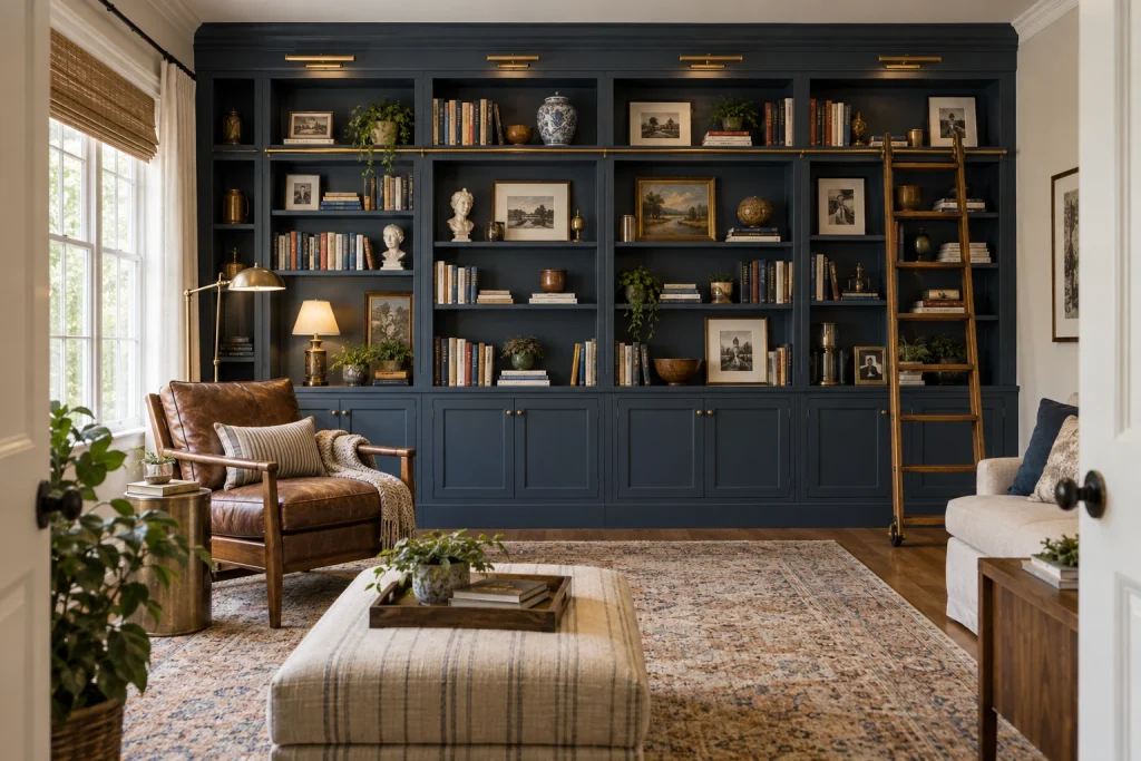 Floor-to-Ceiling Bookcase as Focal Feature, Eclectic library Living room with full-height shelving wall interior