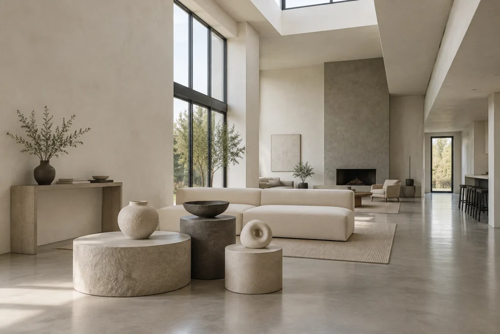Clustered Pedestals and Sculptural Vignettes, Minimal sculptural Open-plan living room with high ceiling interior