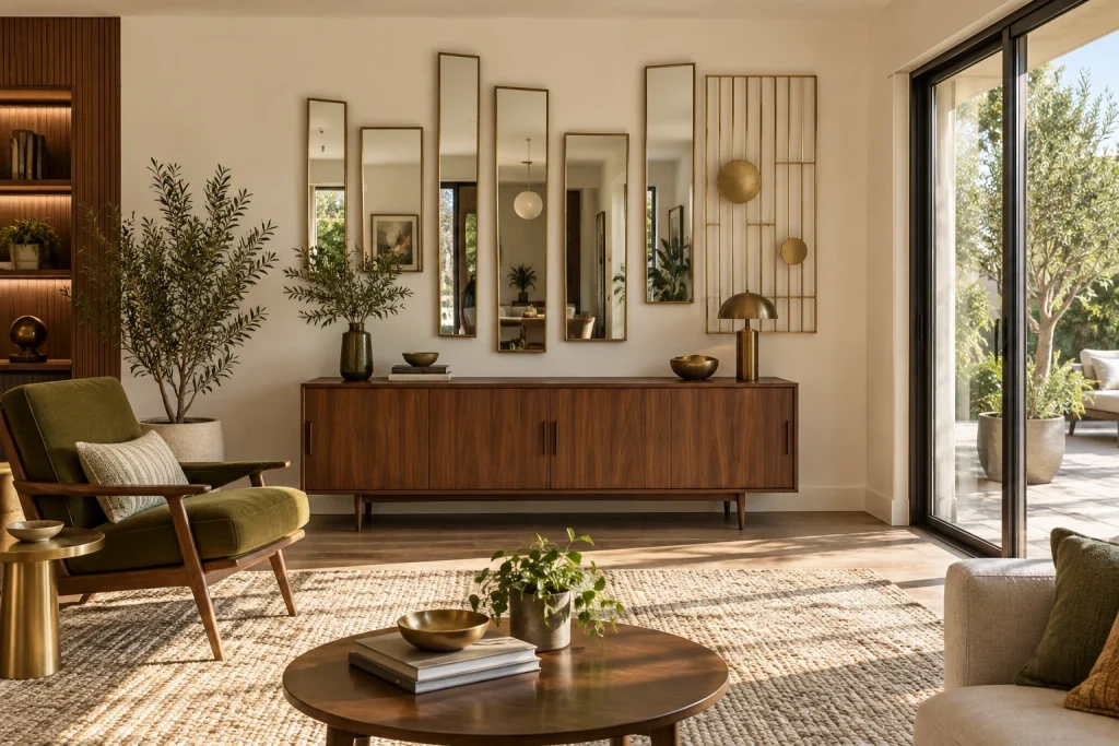 Asymmetrical Mirrored Panels and Reflective Screens, Mid-century modern Living room with sliding glass doors interior