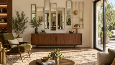 Asymmetrical Mirrored Panels and Reflective Screens, Mid-century modern Living room with sliding glass doors interior