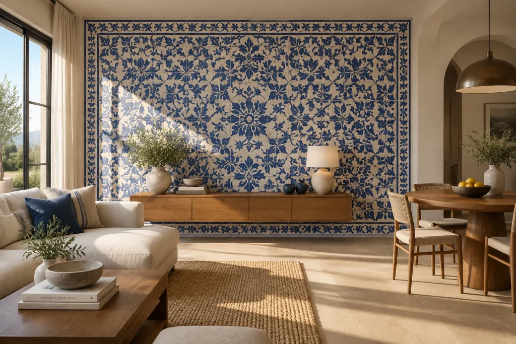 Decorative Tile Mural Accent Wall, Mediterranean modern Living/dining combo with feature wall interior