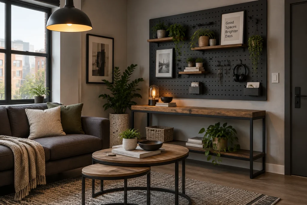 Modular Pegboard Display for Rotating Vignettes, Industrial modern, renter-friendly Small apartment living room interior