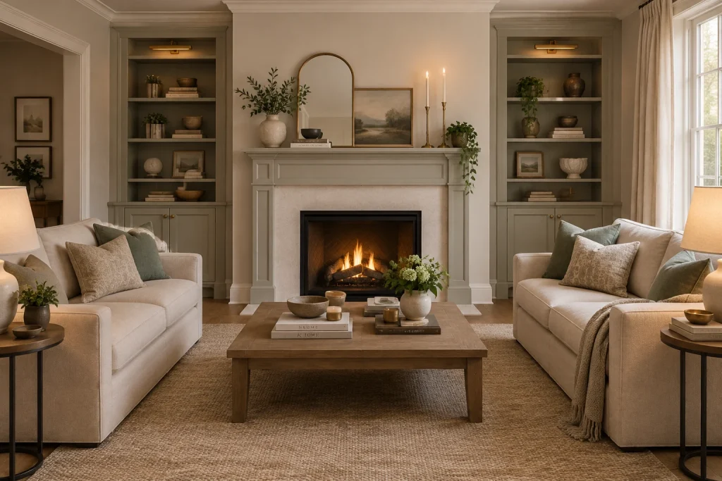 Curated Mantel and Tiered Hearth Styling, Classic contemporary Living room centered on fireplace interior