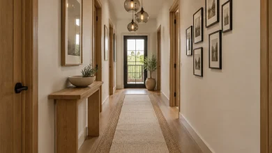 Narrow urban corridor with layered natural runners and staggered glass pendants, Modern organic Apartment hallway (narrow) interior