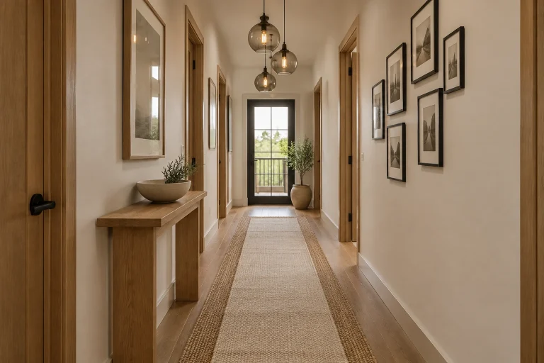 Narrow urban corridor with layered natural runners and staggered glass pendants, Modern organic Apartment hallway (narrow) interior