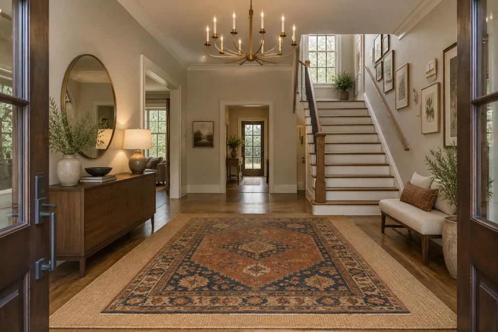 Wide entry hall with layered kilim over sisal and a sculptural branched chandelier, Transitional Suburban front entry / foyer interior