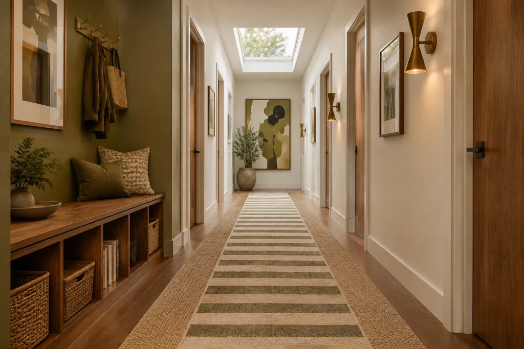 Mid-century corridor with built-in storage, stripe runner layers and sculptural brass sconces, Mid-century modern Interior corridor with built-in storage interior