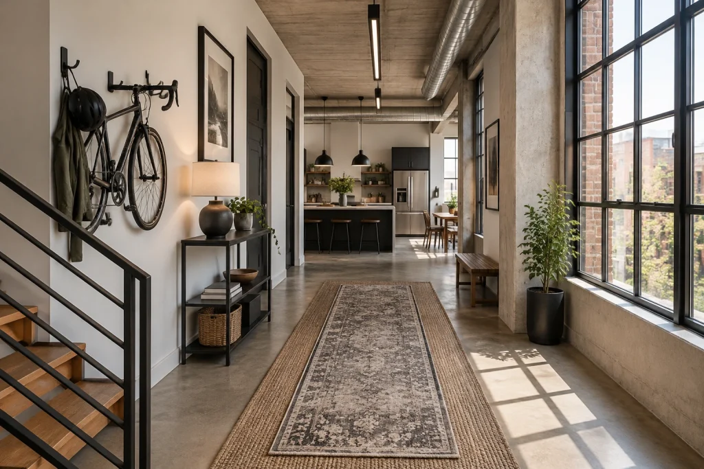 Industrial loft passage with mixed-material runner layers and black linear pendant, Industrial modern Loft corridor connecting living area and kitchen interior