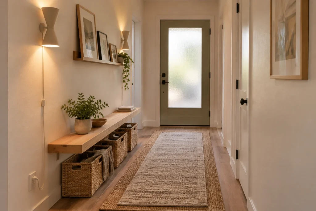 Renter-friendly narrow hall with plug-in sculptural sconces and removable layered runners, Budget-conscious modern Small apartment entry corridor interior