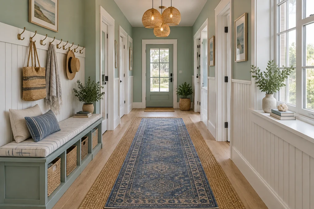 Coastal cottage corridor with layered natural fiber rugs and a rattan pendant cluster, Coastal cottage Beach house hallway interior