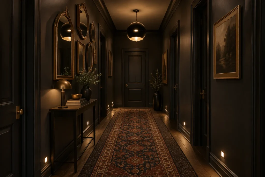Dark moody editorial corridor with dramatic pendant and mirror gallery, Contemporary moody/curated Interior hallway with no natural light interior