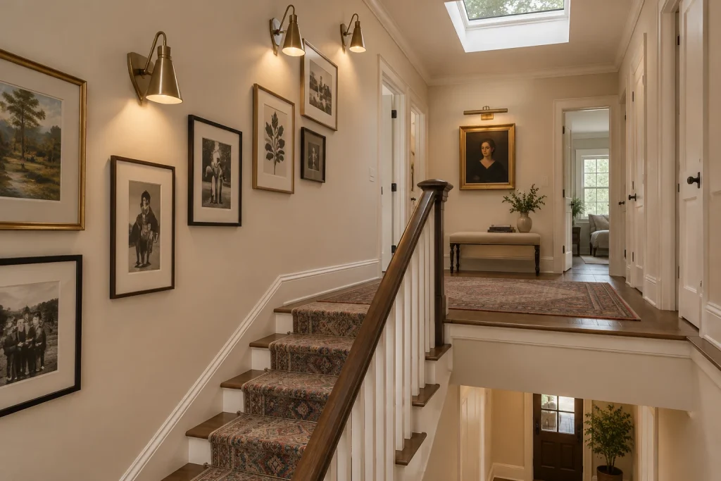 Stair landing gallery with runner continuity and cascading wall lights, Classic eclectic Staircase to upper hallway landing interior