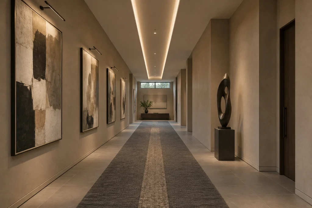 Minimal gallery-style hall with a single long runner and recessed linear sculptural lighting, Contemporary minimal Wide interior gallery hallway interior