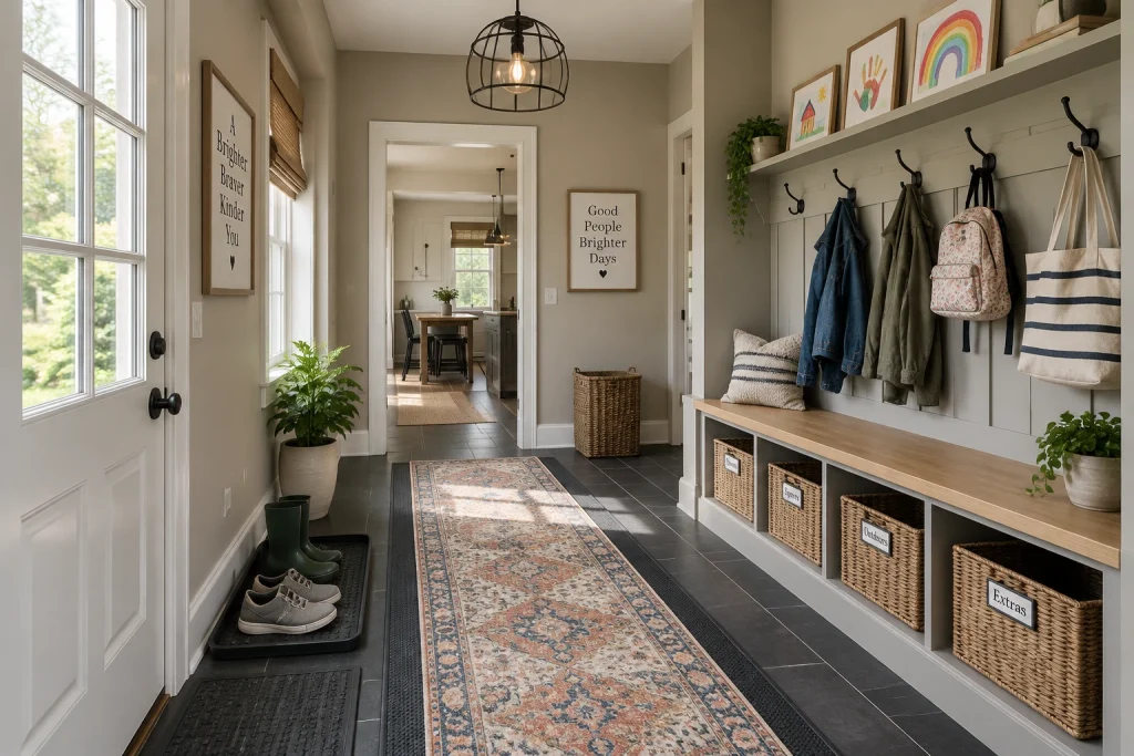 Family mudroom-hall hybrid with washable layered runners and an industrial cage pendant, Family-friendly practical Back-door mudroom that doubles as a hallway interior