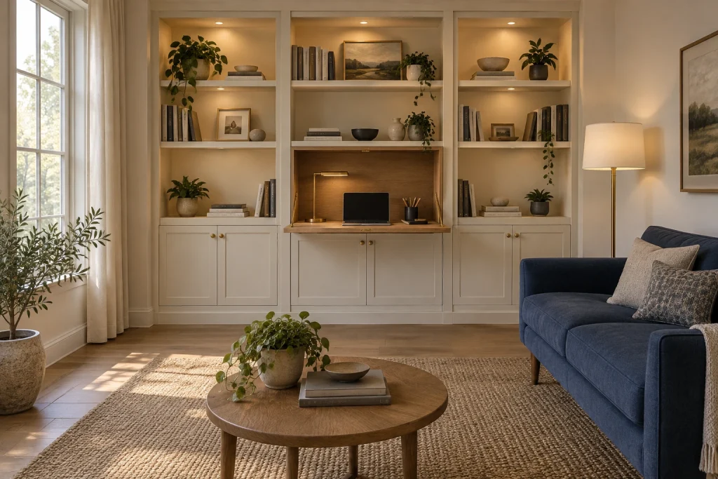 Built-in bookcase with fold-down Murphy desk, Transitional Living room alcove interior