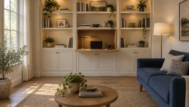 Built-in bookcase with fold-down Murphy desk, Transitional Living room alcove interior
