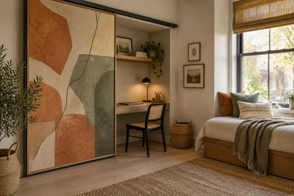 Sliding artwork panel that conceals a desk, Modern bohemian Studio bedroom corner interior