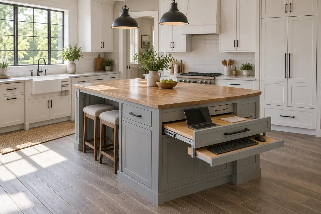 Kitchen island with pull-out workstation, Modern farmhouse Kitchen interior
