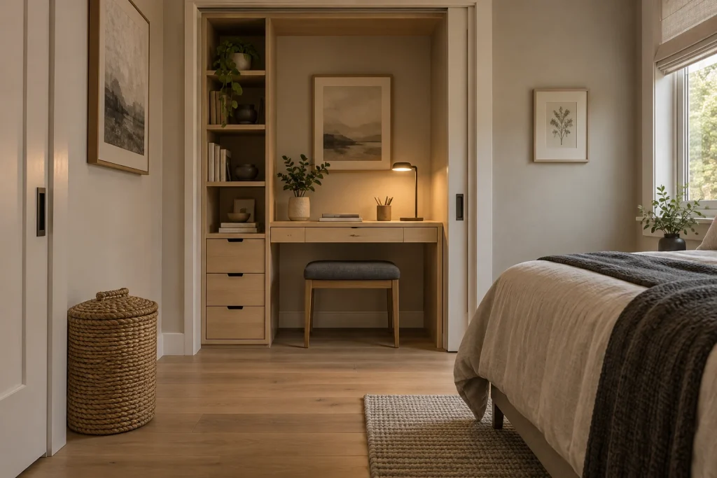 Closet-to-office with pocket door and built-in storage, Japandi (minimalist + warmth) Bedroom closet conversion interior