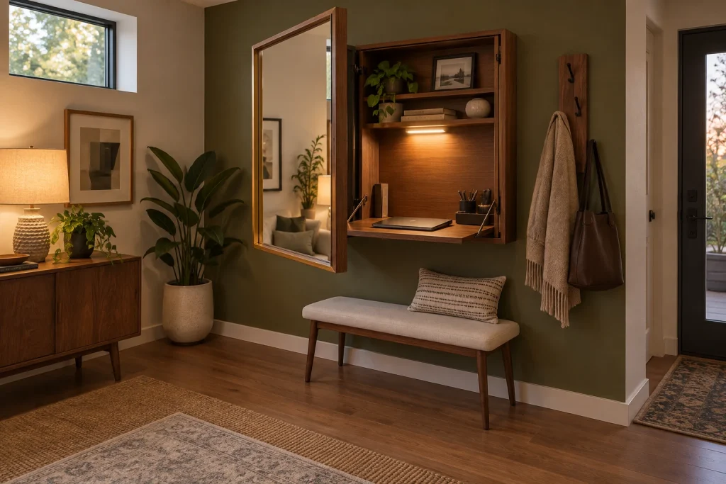 Wall-mounted flip-up desk hidden behind decorative mirror, Midcentury modern Living room corner / entry interior