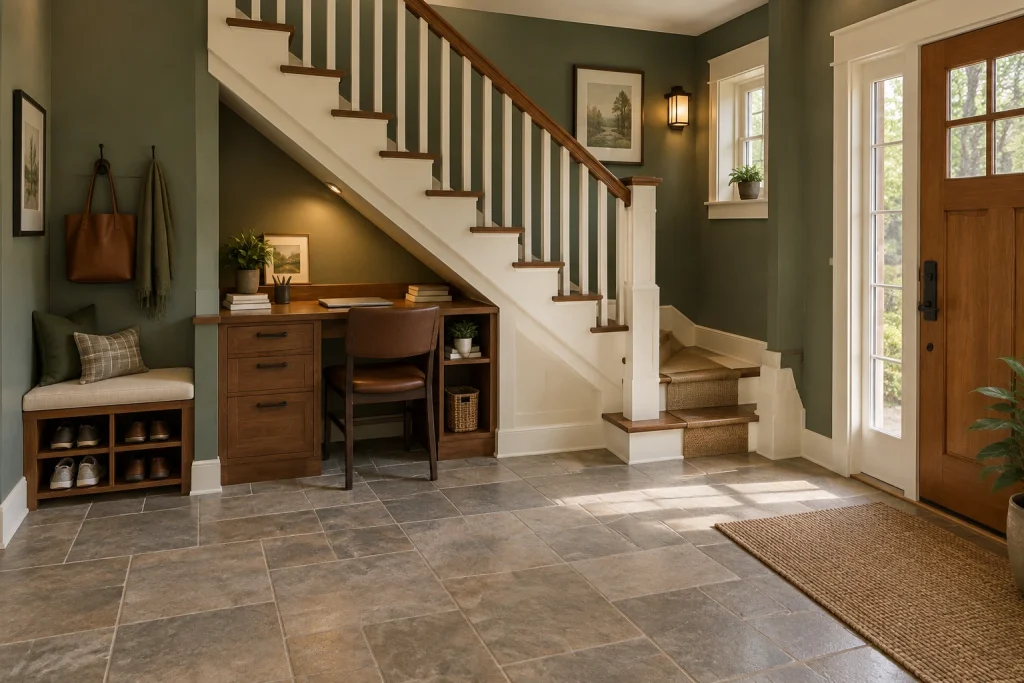 Under-stair built-in desk and filing drawers, Craftsman Foyer / under-stair nook interior