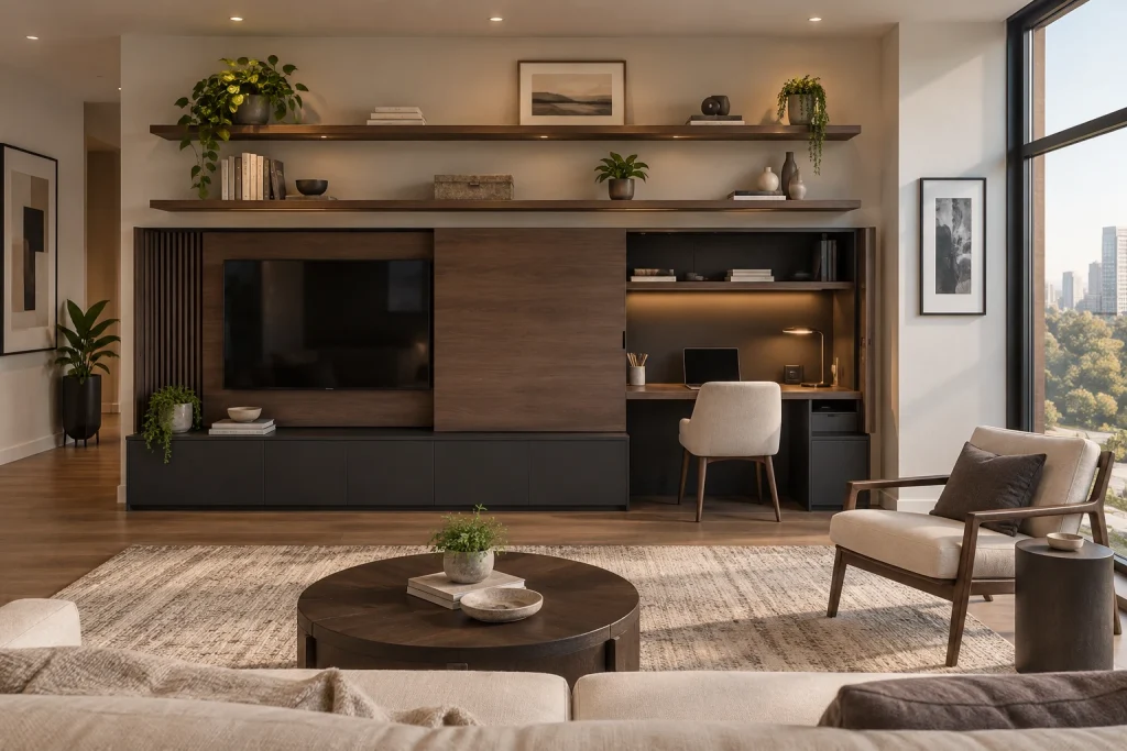 Media console with sliding TV panel that reveals desk, Contemporary loft Family room / media wall interior