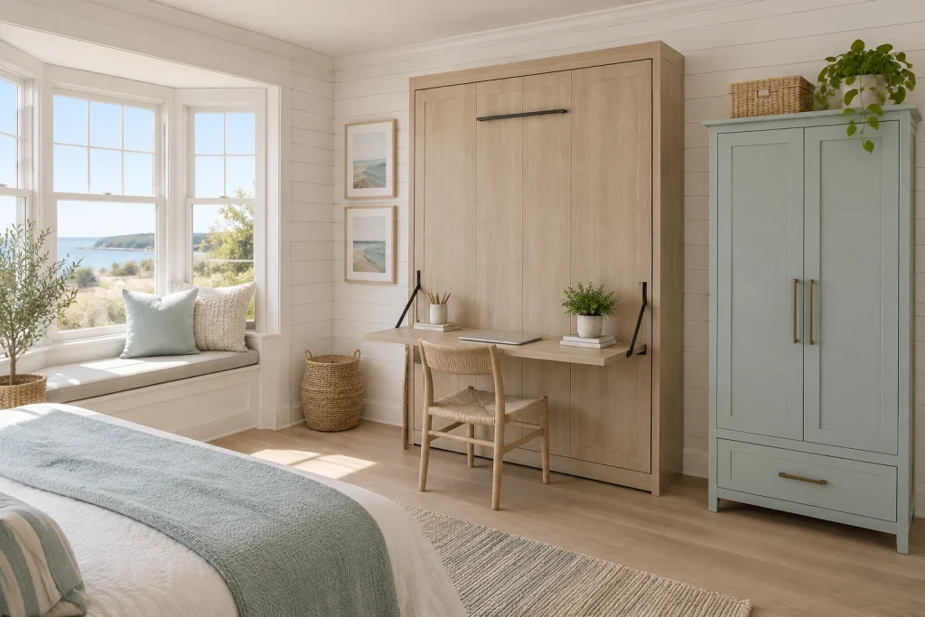 Murphy guest bed with integrated fold-out desk, Coastal modern Guest room / dual-purpose bedroom interior