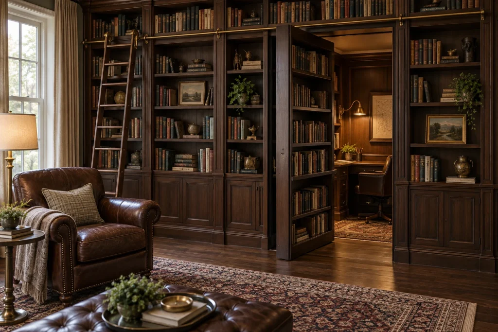 Pivoting bookshelf that reveals a private study, Traditional library Home library / den interior