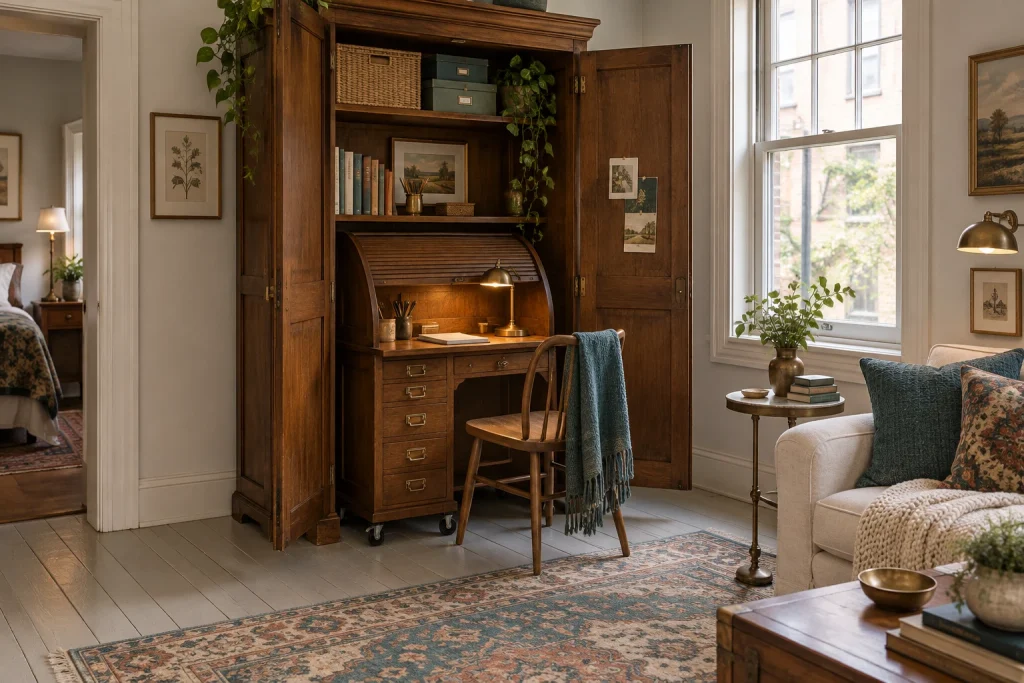 Mobile roll-top trolley desk stored in an armoire, Eclectic vintage Small apartment living area with closet armoire interior