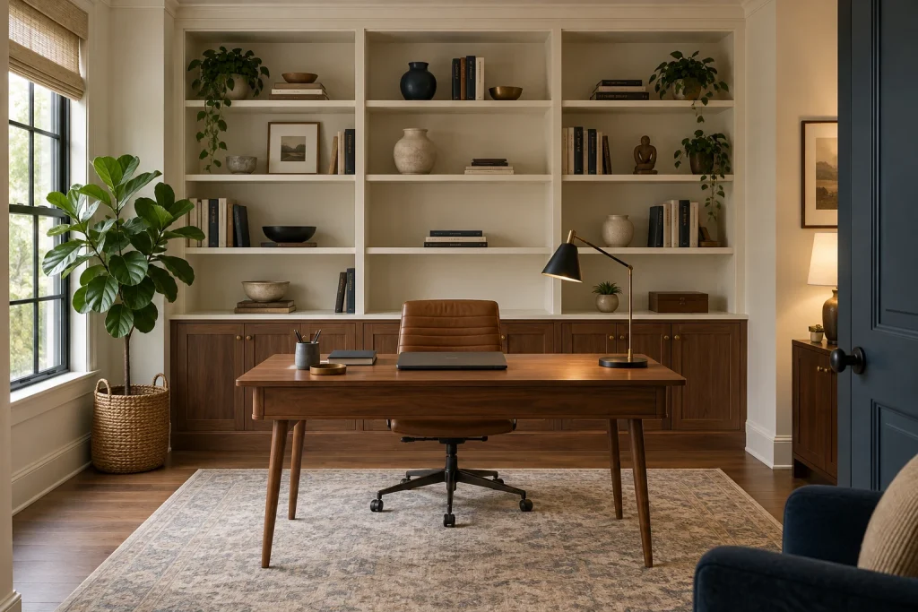 Built-in Bookcase with Layered Styling, Modern classic Dedicated home office with full wall built-ins interior