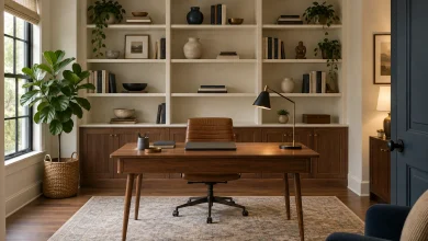 Built-in Bookcase with Layered Styling, Modern classic Dedicated home office with full wall built-ins interior