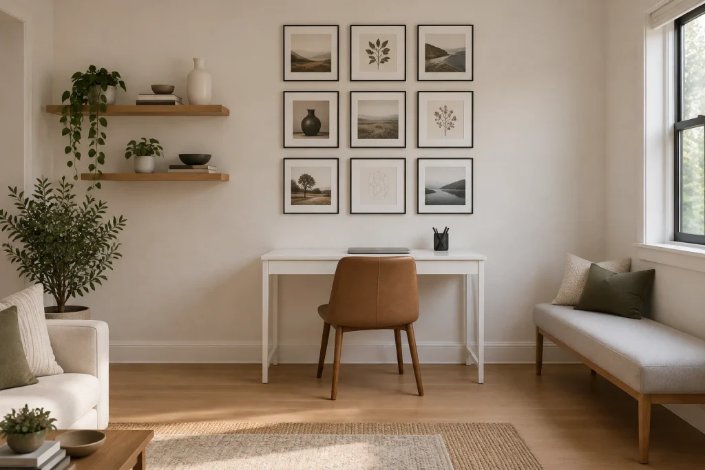 Gallery Grid of Art with Floating Shelves, Scandi-minimal Corner of a living room repurposed as office interior