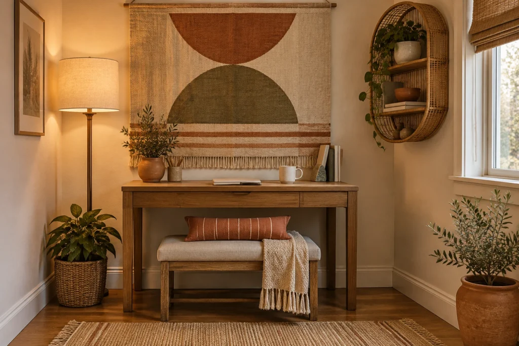 Textile-Rich Warm Backdrop for Cozy Calls, Modern organic / bohemian-leaning Small home office nook interior