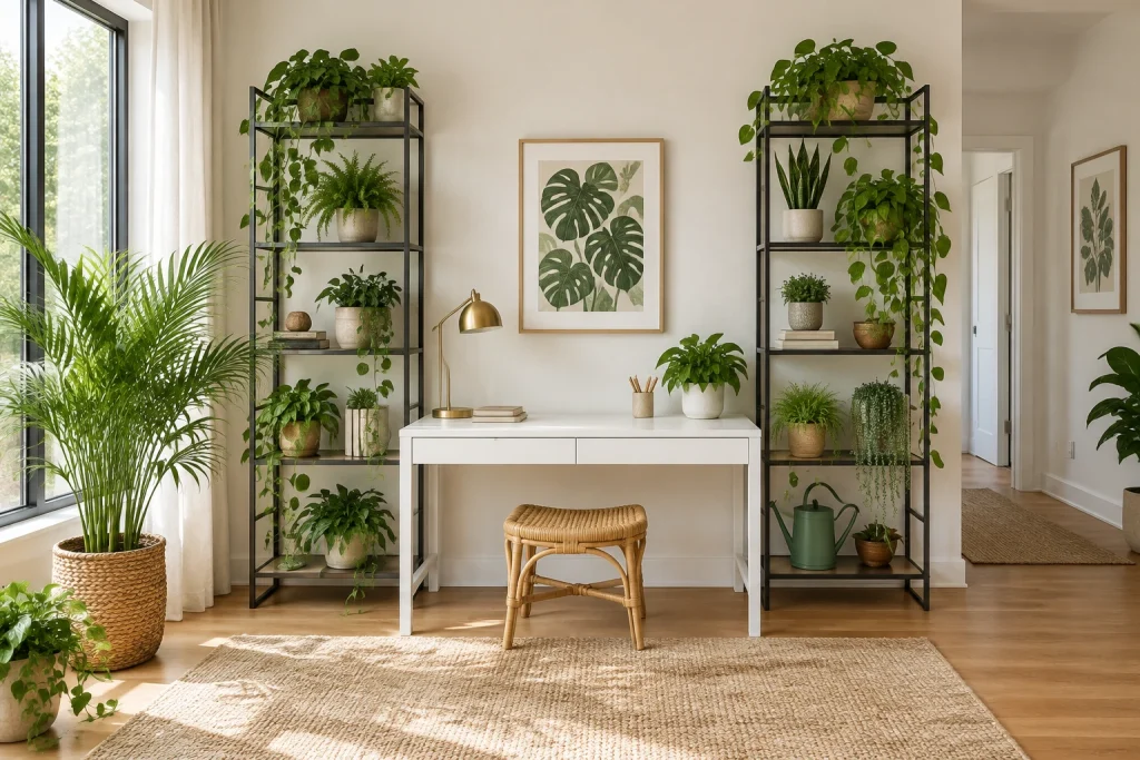 Lush Plant Backdrop with Layered Shelving, Modern botanical Bright room with large window interior